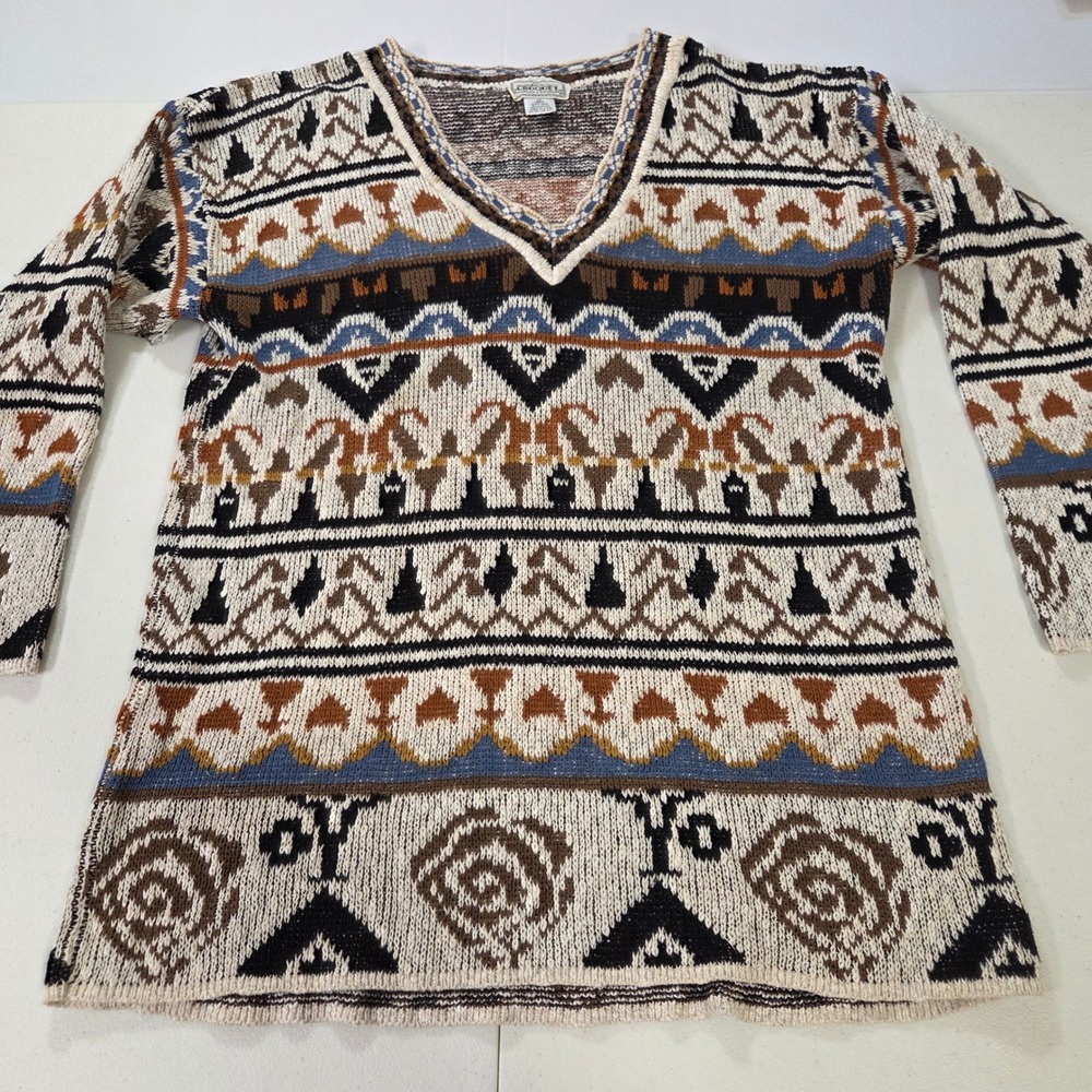Vintage 1992 Croquet Club V-Neck Sweater Large Tribal Geometric Made in USA
